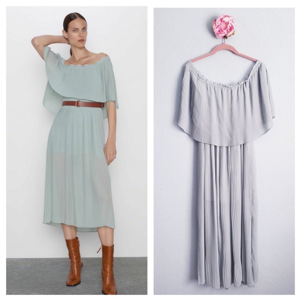 Zara Muted Seafoam Pleated Off The Shoulder Midi Dress
